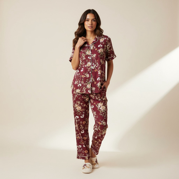 Flora Nikrooz Maroon Floral Short Sleeve Button Down Pajama Sleep Top Small - Picture 2 of 10
